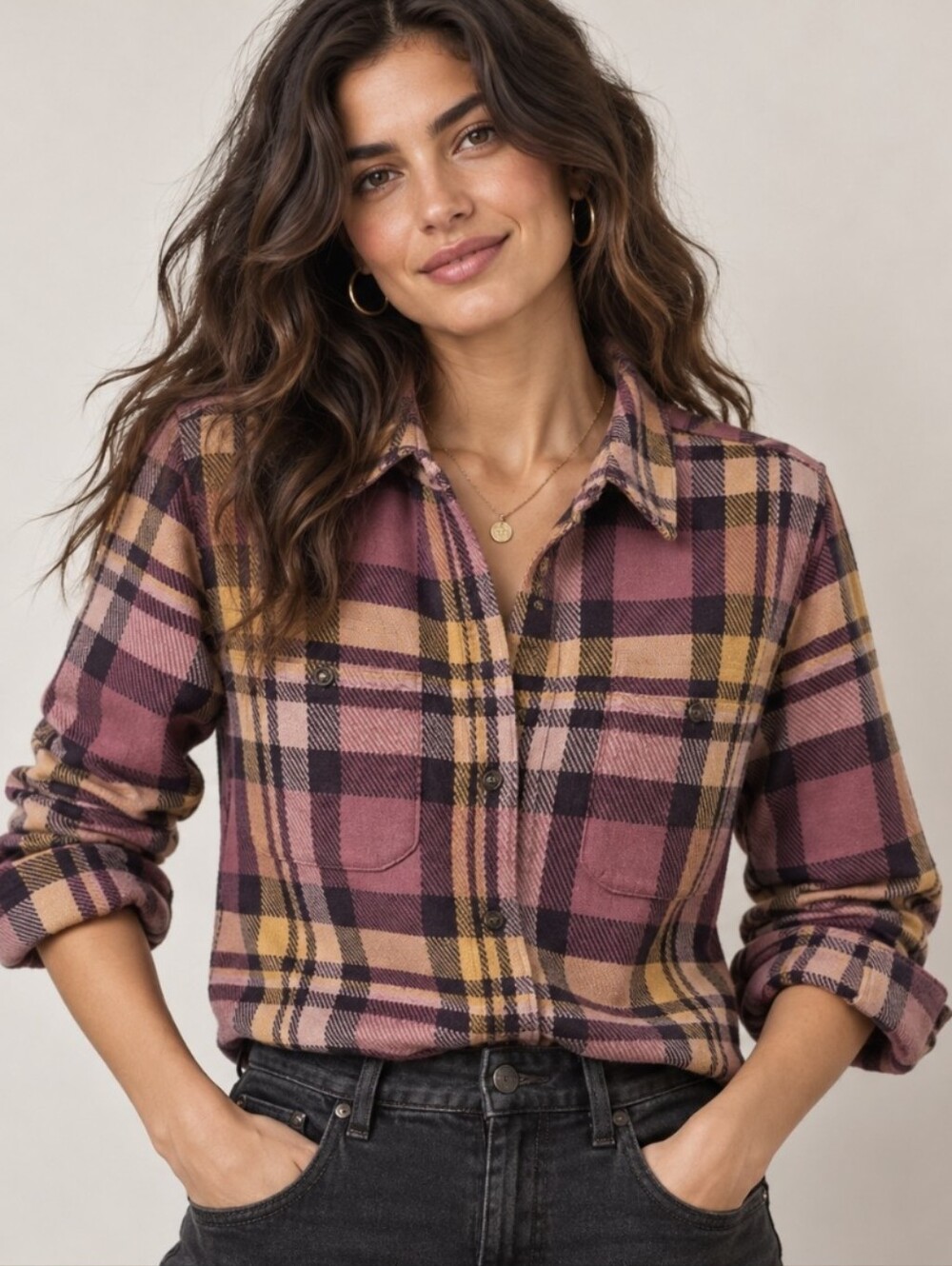 Faherty Legend Sweater Shirt Lolita Plaid Button Up Top Plum Womenβs size M